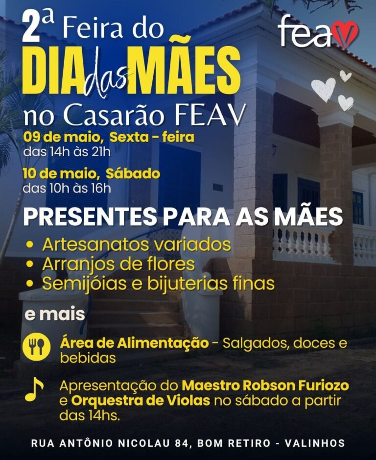 FEAV realiza 2ª Feira do Dia das Mães com atrações musicais e mais de 20 expositores. Orquestra de Violas se apresenta no sábado, às 14 horas
