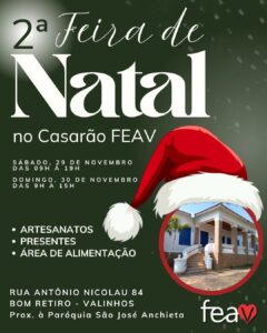 Vem a 2ª edição da Feira de Natal Casarão FEAV. Serão dois dias com muitas novidades para você adquirir peças exclusivas e para presentear